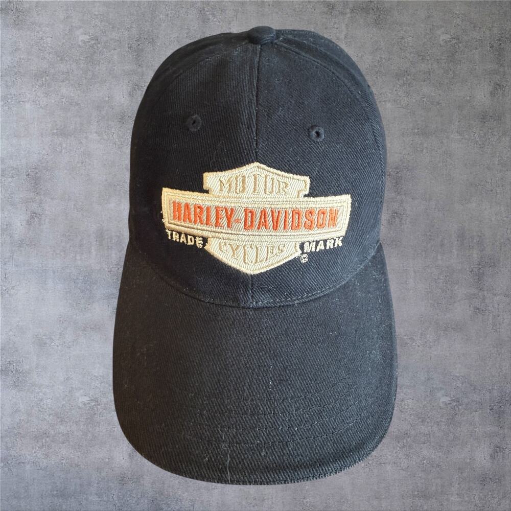Vintage Harley Davidson Hat Corduroy Leather Strapback Cap Black Biker Y2K Men